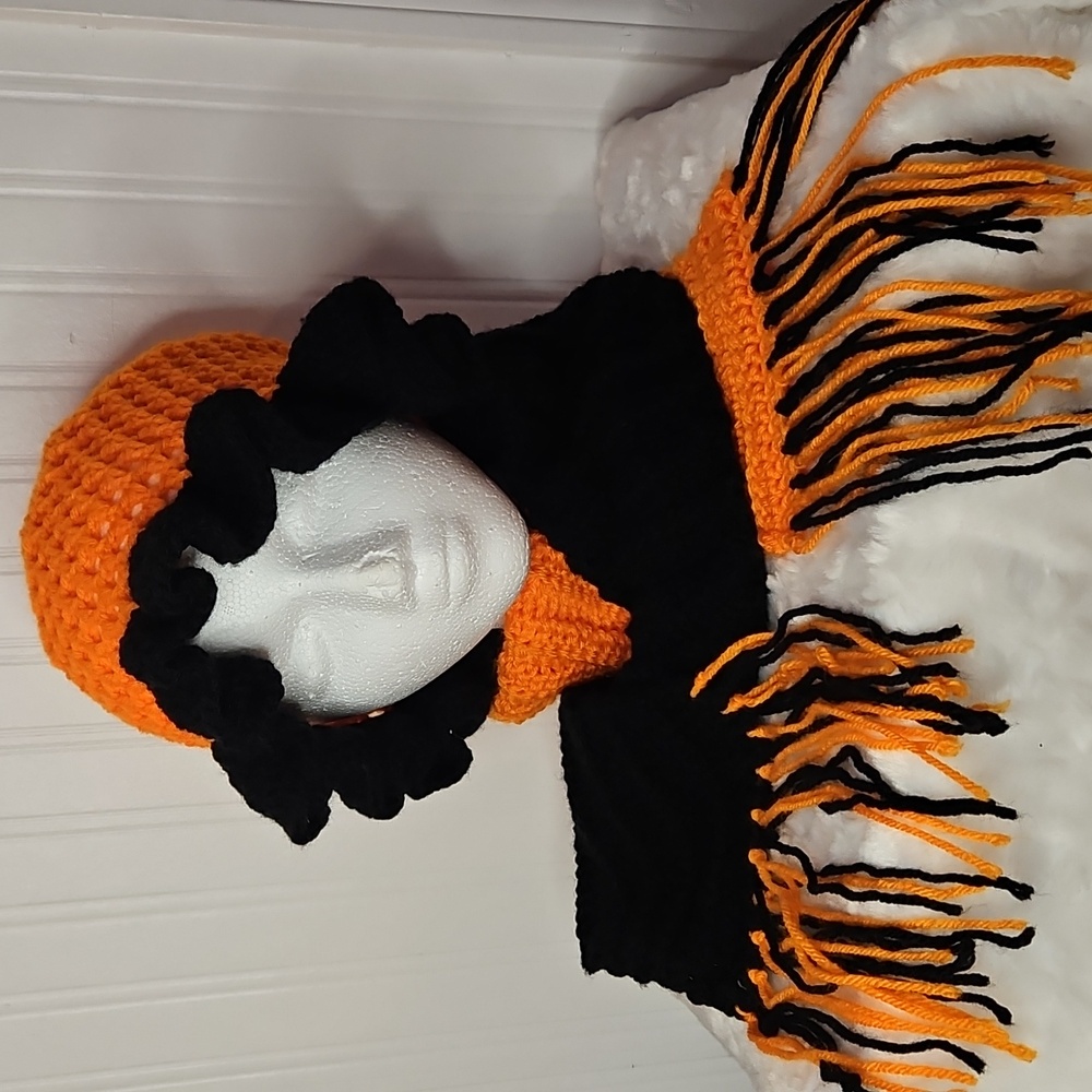 Orange and Black Crochet Scarf and Hat Set
